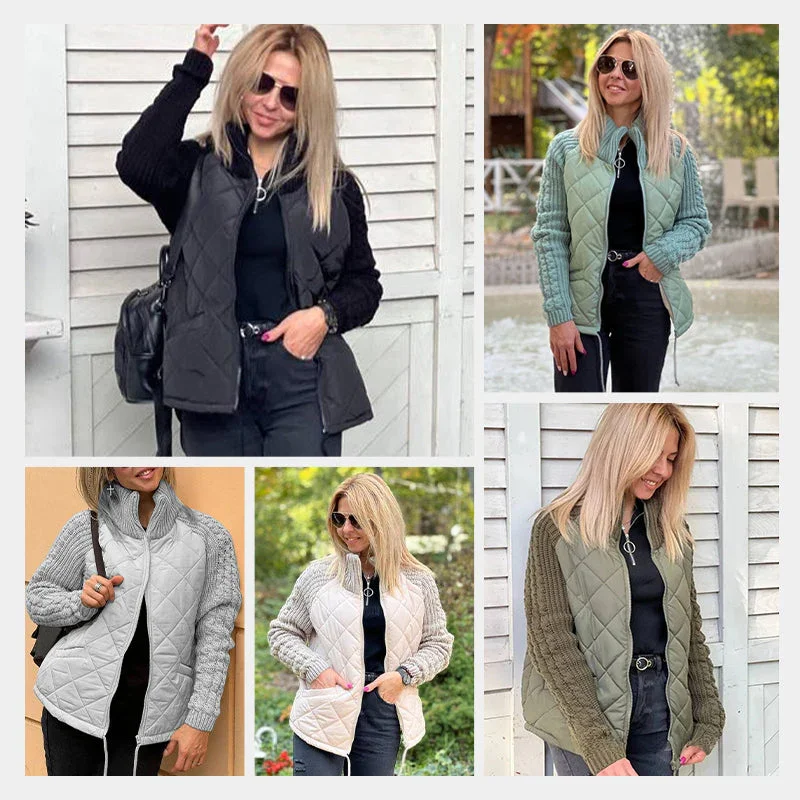 Women\'s Knit Patchwork Puffy Jacket Zipper Cardigan Coat Outwear Long Sleeved Stand Collar Women Coat Cotton Jacket