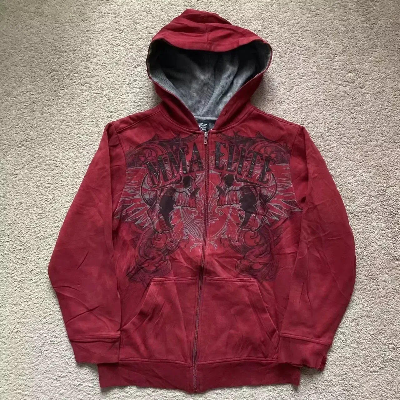 2025 New Red Hip Hop Zipper Hoodies Vintage Elite Full Zip Hoodie Sweatshirt Size Skull Printing Red Sweatshirts