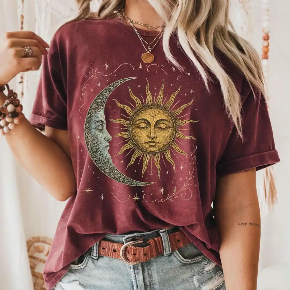 Boho Celestial Moon and Radiant Sun Spiritual Pattern T-shirt Mystical Shirt Artsy Tee Aesthetic T-shirt Spiritual Boho Tee