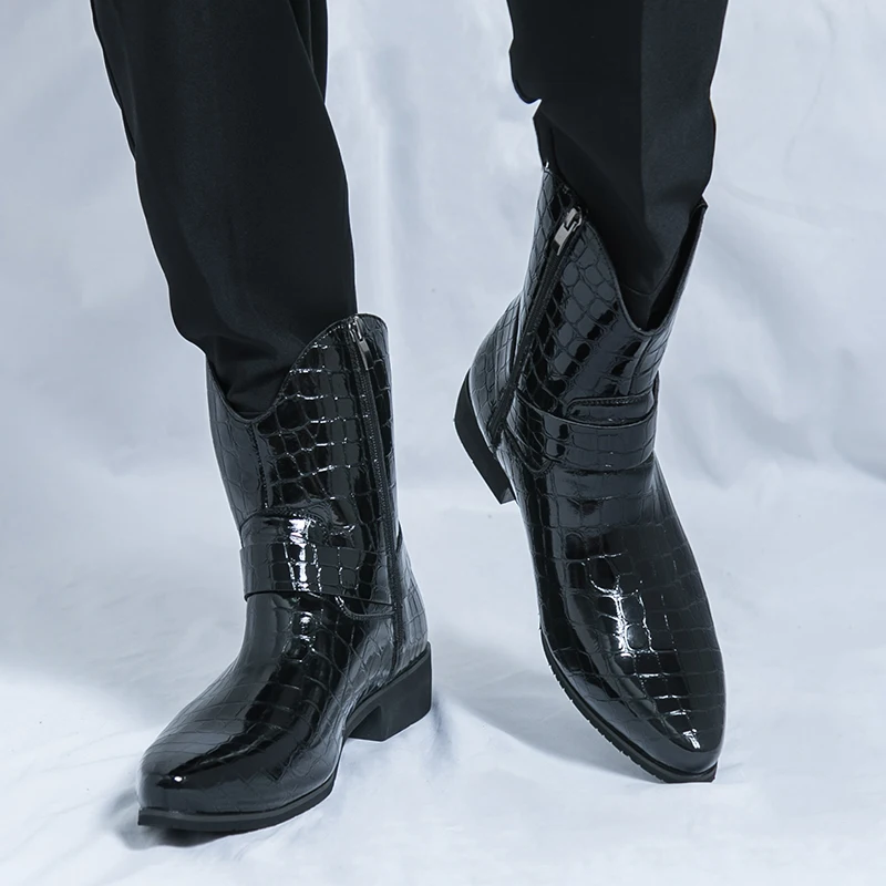 

New Fashionable Personalized Chelsea Men PU Stone Texture Embossed Pointed Side Zipper Fashion High Top Leather Boots