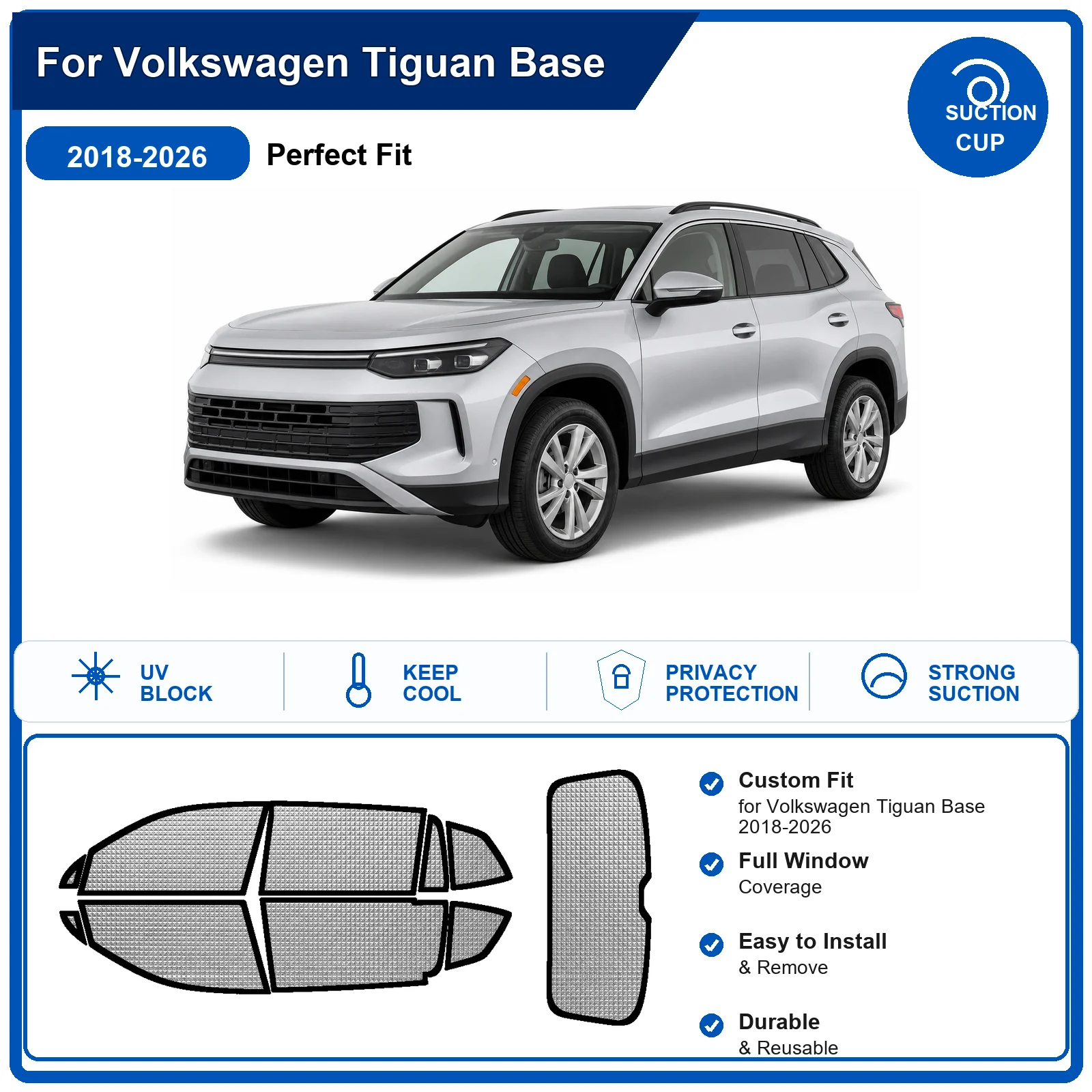 For Volkswagen Tiguan Base 2018-2026 Custom Full Set Windshield Sun Shade Aluminum Foil Heat Insulation Anti UV Foldable