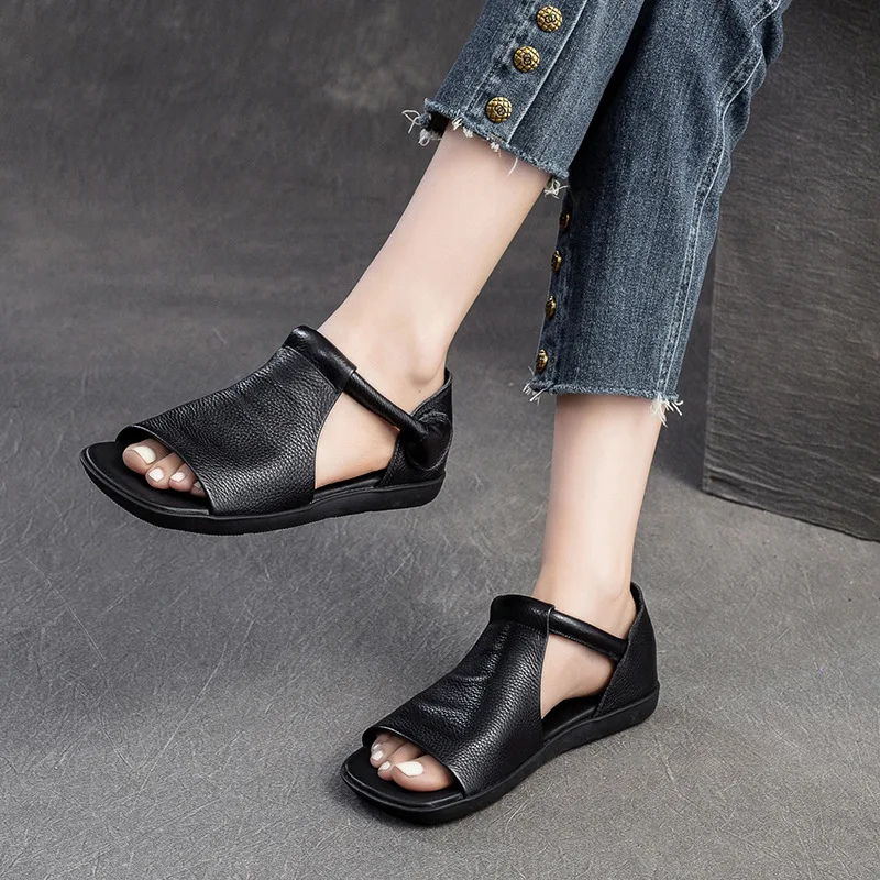 2cm Sandalen Kuh Echt leder Gummi Peep Toe Hohl Knöchel Haken Wohnungen atmungsaktive Frauen Stiefel bequeme Sommer Oxfords Schuhe