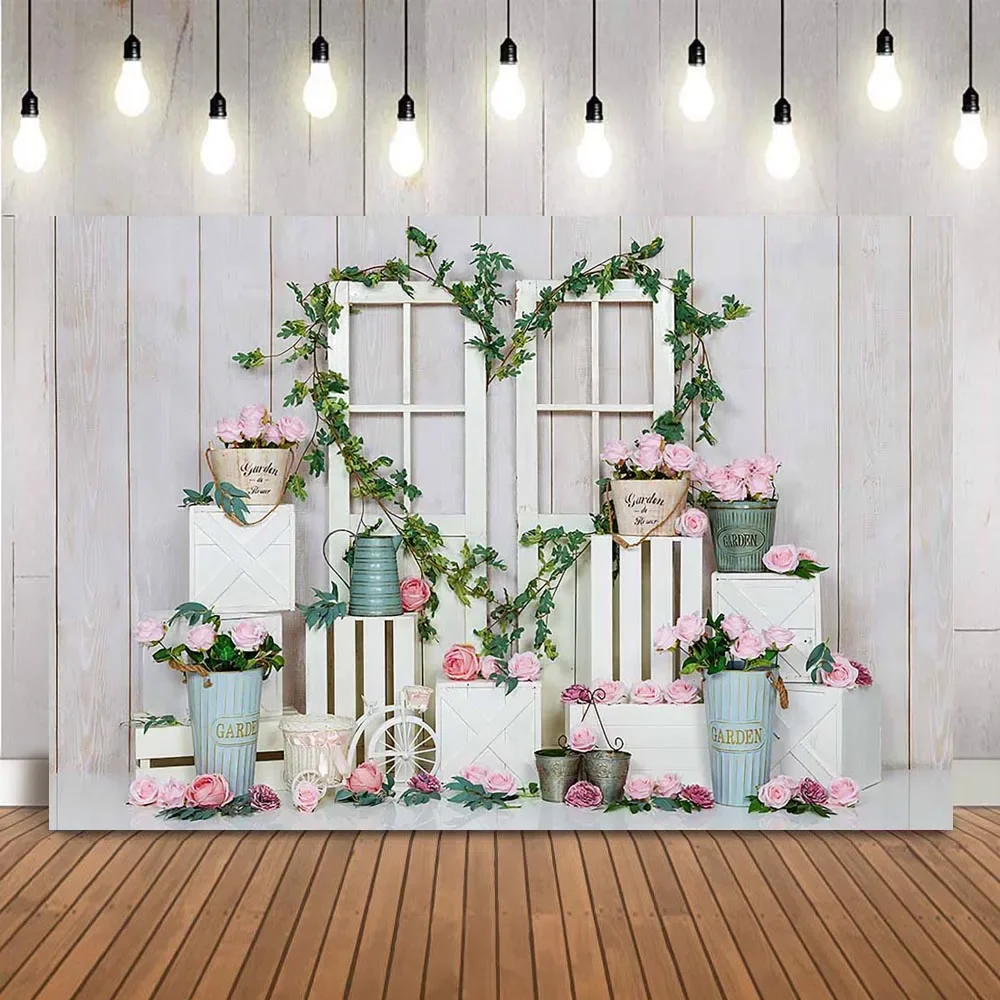

Garden flowers newborn kids birthday portrait photo booth background art photographic studio Valentine's Day Rustic Wood floor