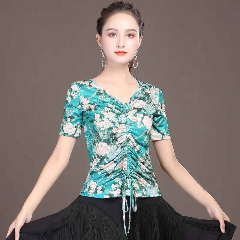 

Индивидуальный квадратный современный танцевальный костюм, новый топ из ледяного шелка с короткими рукавами и принтом в латиноамериканском стиле