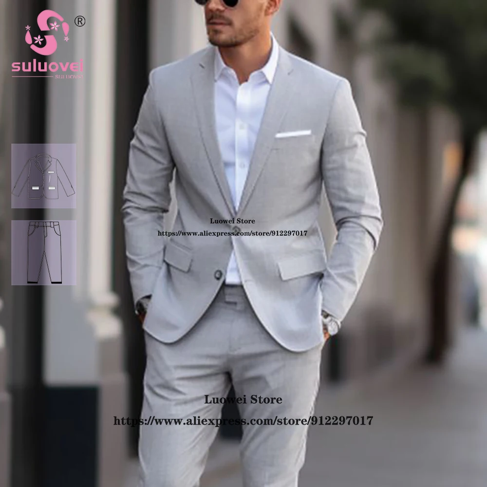 

Summer Linen Light Grey Suits For Men Slim Fit 2 Piece Pants Set Party Groom Wedding Notch Lapel Tuxedo Traje De Hombre Elegante