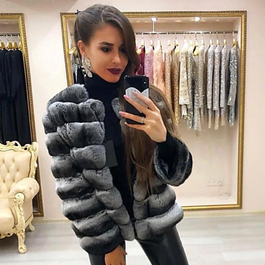 Chinchilla Coloured Fur Coats Winter Real Fur Jacket Women Natural Rex Rabbit Fur Coat Warm Best Seller