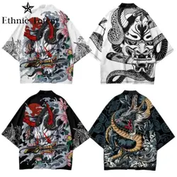 Men Demon Snake Dragon Pattern Printed Kimono Cardigan Chinese Japanese Samurai Coat Cape Summer Cosplay Asian Traditional Cloak