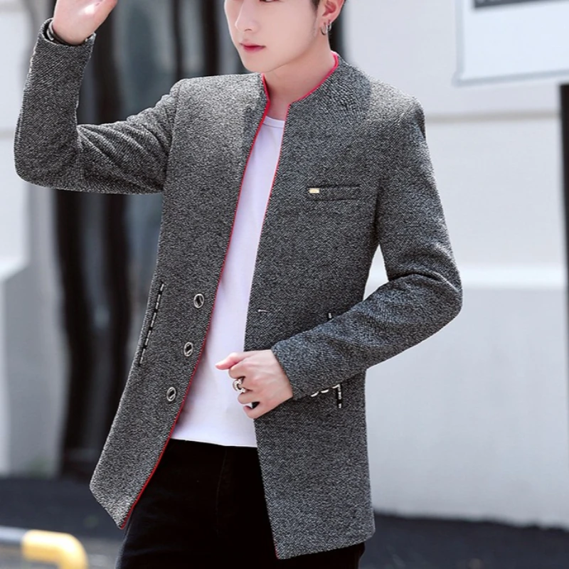 Męska kurtka wełniana średniej długości na zimę 2025, gruba, ocieplana aksamitem, ciepła, codzienna wiatrówka, modna męska kurtka biznesowa, elegancka, dopasowana kurtka wełniana.