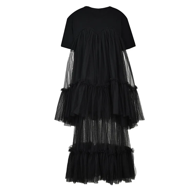 Mulheres camadas pretas malha vestido longo novo em torno do pescoço manga curta solto ajuste moda maré primavera verão