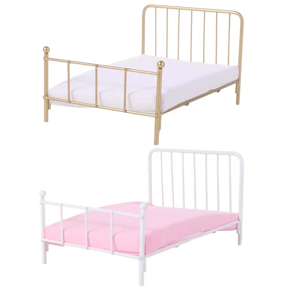 Creative 1:12 Scale Dollhouse Bed Iron Frame With Mattress Bed Furniture Play House Bedroom Scene Mini Bed Model Girls Gift