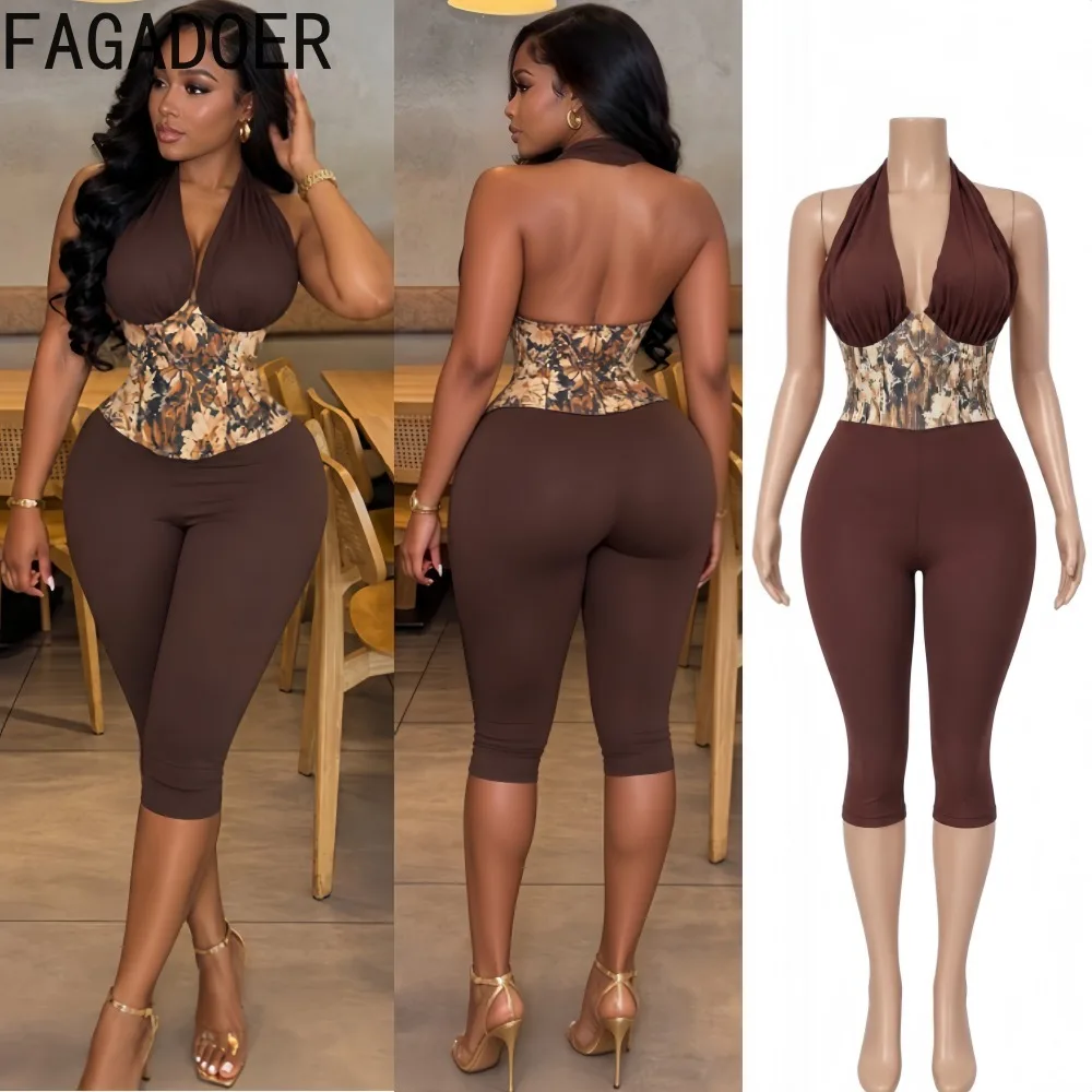 FAGADOER Womens Brown Halter Jumpsuit Floral Print Contrast Panel Slim Fit Capri Length One Piece Outfit Casual Party Wear