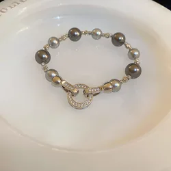 Minar Temperament Gray Color Imitation Pearl Beaded Bracelet for Women Girls CZ Cubic Zirconia Irregular Beads Strand Bracelets