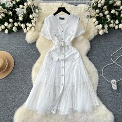 French v neck mesh PATCHWORK lace ruffle dress women's summer waist Single Breasted sweet dresses
