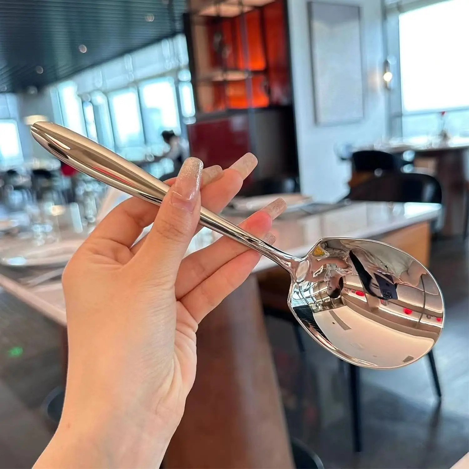 3Pcs Funny Dinner Spoons Stainless Steel Long Handle Serving Spoon Public Soup Ladle for Restaurant Dormitory Household Silvery