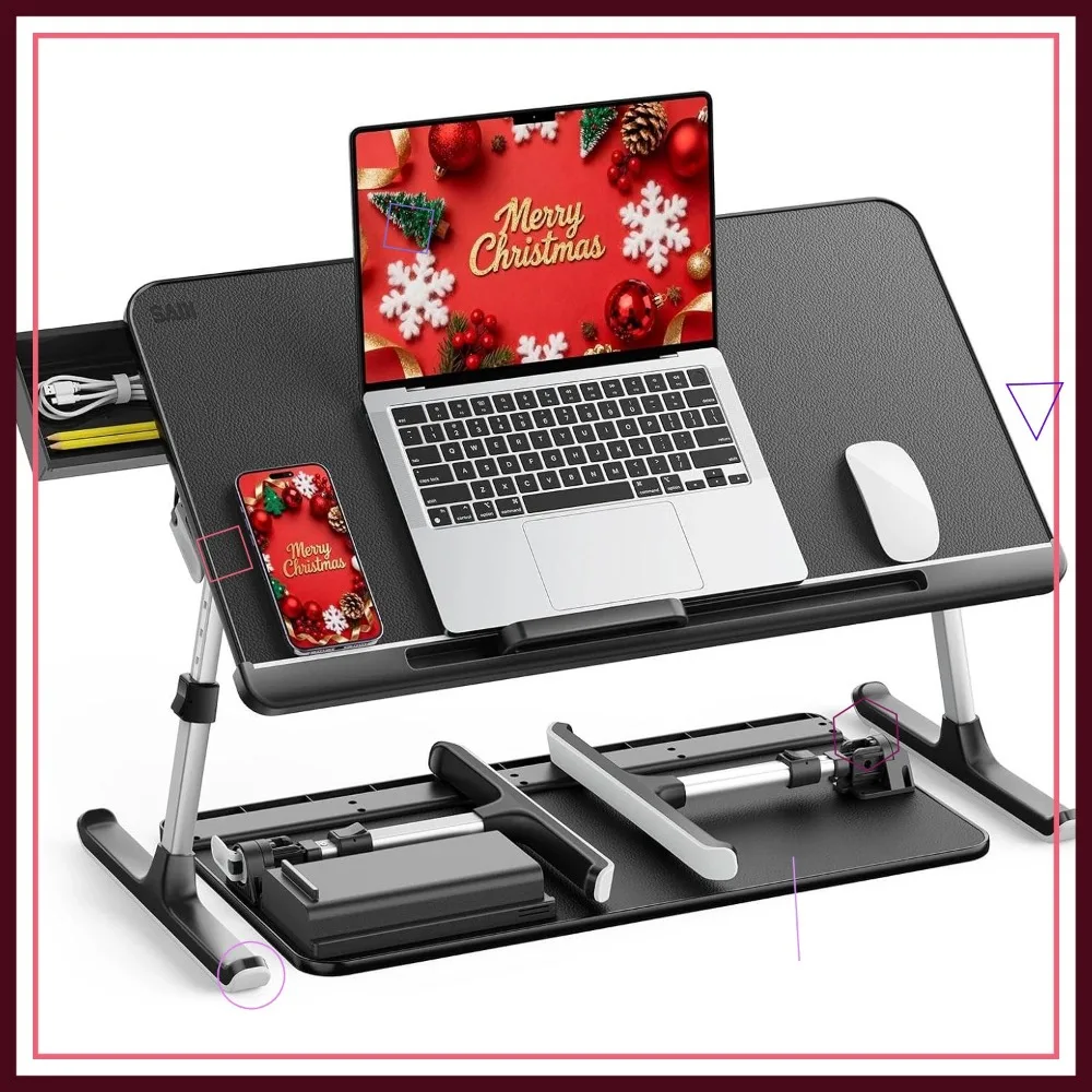 طاولة سرير للكمبيوتر المحمول قابلة للتعديل مع درج تخزين، مكتب قائم محمول قابل للطي لأرضية أريكة الأريكة