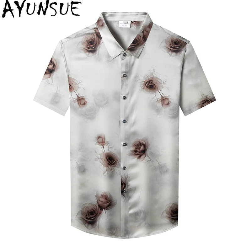 AYUNSUE High-end 92.5% Mulberry Silk Shirts for Man Clothing Summer Business Casual Printed Shirt Short Sleeve Mens Shirts 반팔셔츠