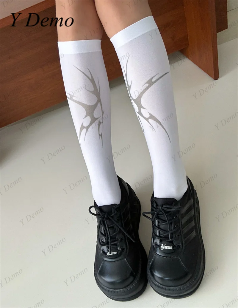 Y Demo Techwear Thorns Printing Summer Thin Middle Tube Socks Women Slim Y2k White Stockings