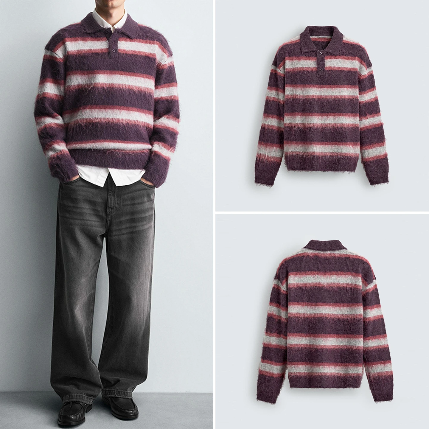 

Модный вязаный длинный све irt для мужчин, повседневный свободный крой, полосатый топ с воротником, дышащий, приятный для кожи, осенний новый ...