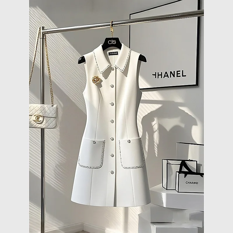 

2025 Early spring to attend occasions waist French white vest dress vintage slim fit vestidos elegantes para mujer