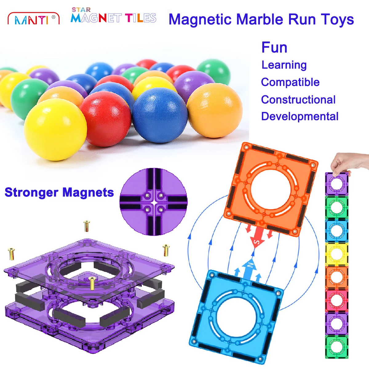 MNTL 100Pcs Marble Run Track Toys Magnetic Tiles STEM Magnet Building Blocks Race Ball Game Kids Boy Girl Children Toddler Gifts