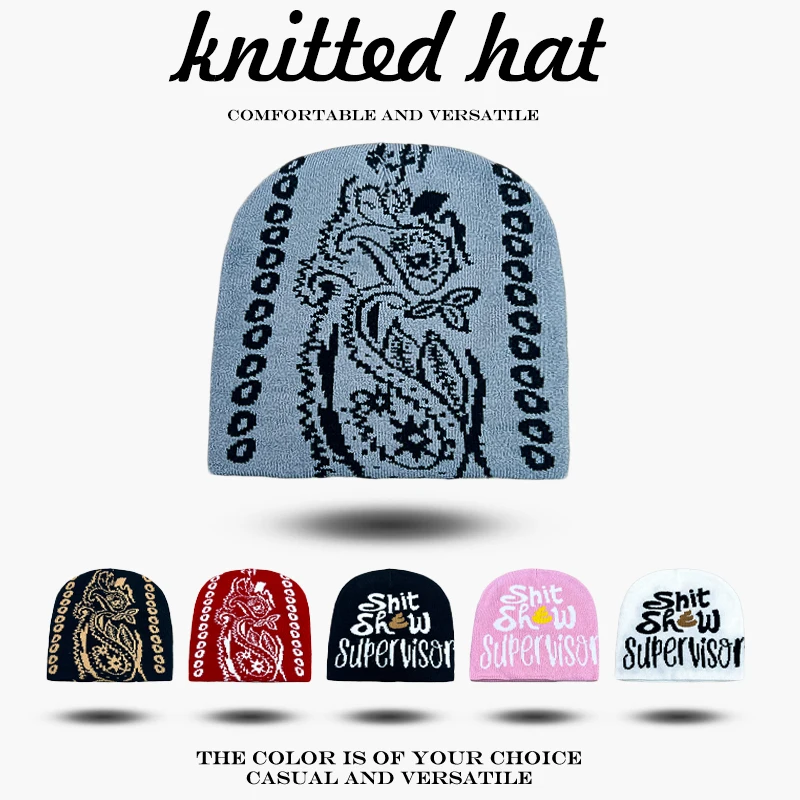 Warm Color Block Fashion Funny Beanies Versatile Hip Hop ins New Men Women Personal Jacquard Bandanna Shit Letters Knitted Hats
