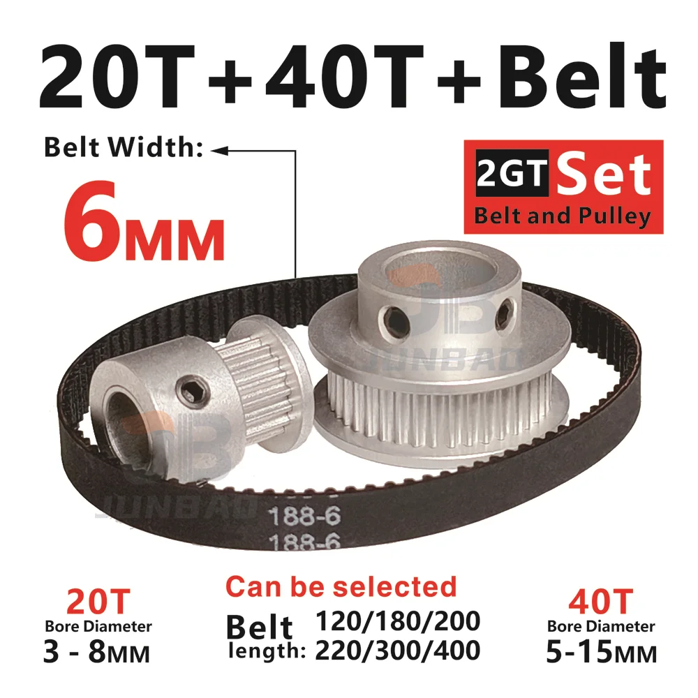 Belt width 6mm ,2GT 20T + 40T timing pulley + belt set - Suitable for 3D Printers, CNC Machines - G2M Transmission Kit durable