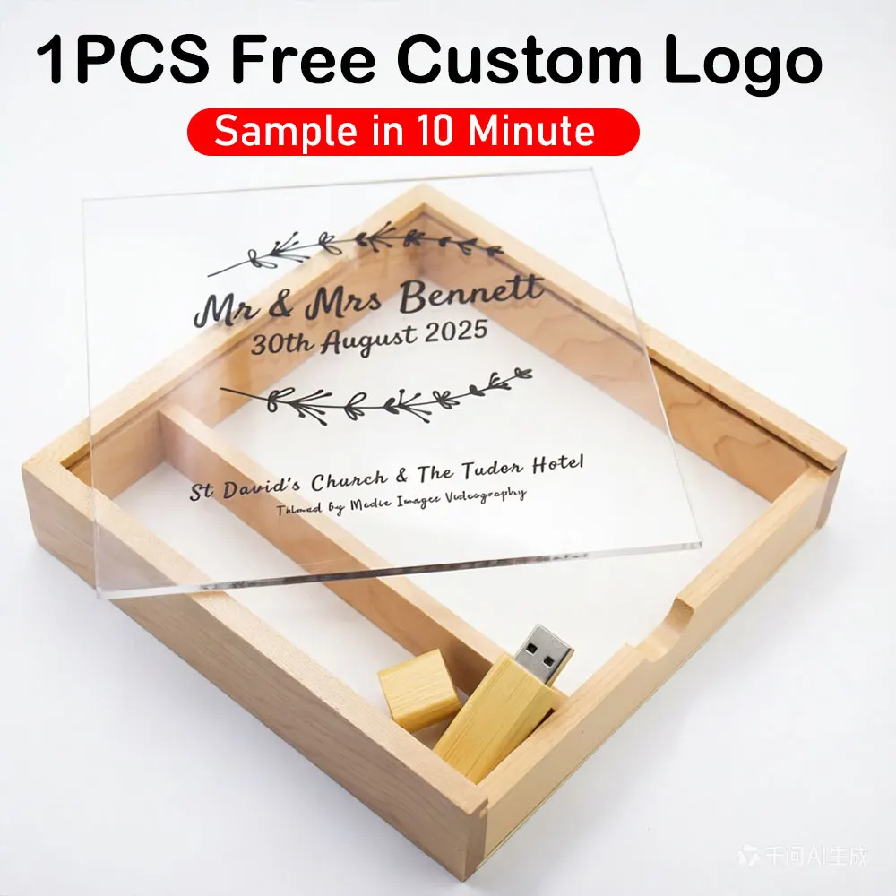 

1 шт. Фотоальбом из орехового дерева/кленового дерева с USB 2.0 + флешка-бокс 128 ГБ/64 ГБ, USB-накопитель для фотографий, свадебный подарок, бесплатная персонализация логотипа