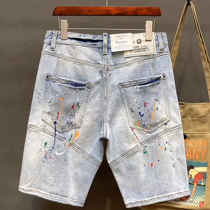 Street Fashion Men Jeans Summer Designer Retro Light Blue Stretch Ripped Short Jeans Spliced Painted Hip Hop Denim Shorts Men