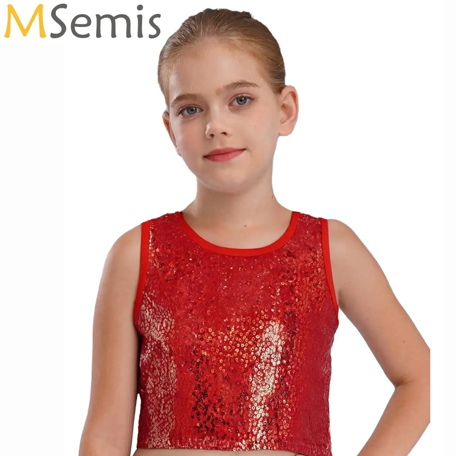 

Kids Girls Jazz Dance Crop Tops Sparkling Tank Top Sleeveless Vest School Hip Hop Street Ballet Dance Stage Performance Costume