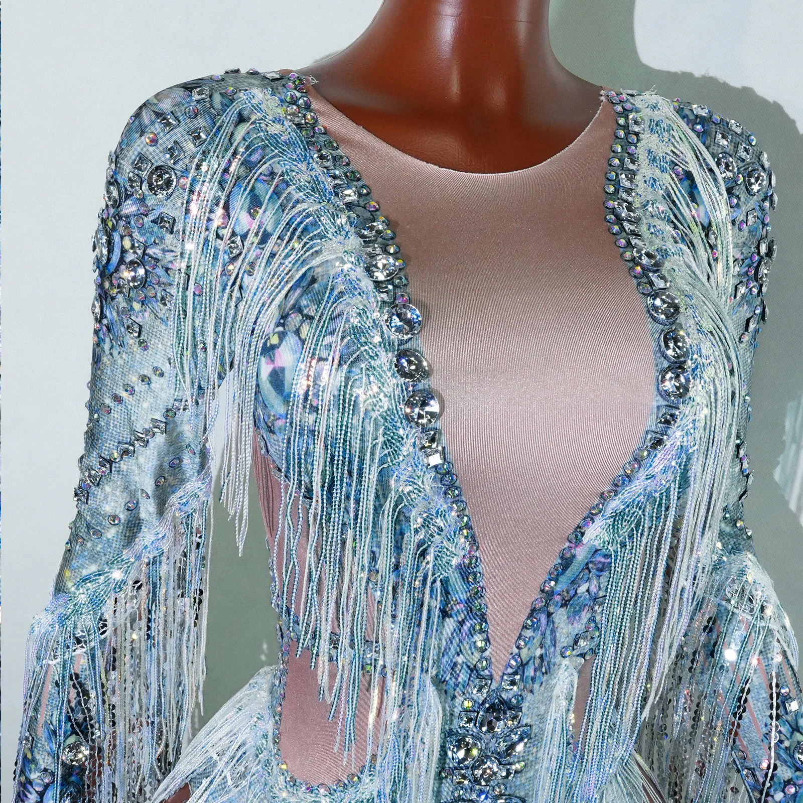 Sparkly Rhinestones Sequins Fringes Printing Bodysuit Nightclub Party Performance Singer Dancer  Drag Queen Outfit Stage Wear
