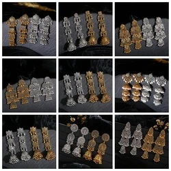 Multilayer Ethnic Long Indian Jhumka Femmes Pendientes Retro Gold Silver Color Geometric Lantern Drop Earrings Wedding Jewelry