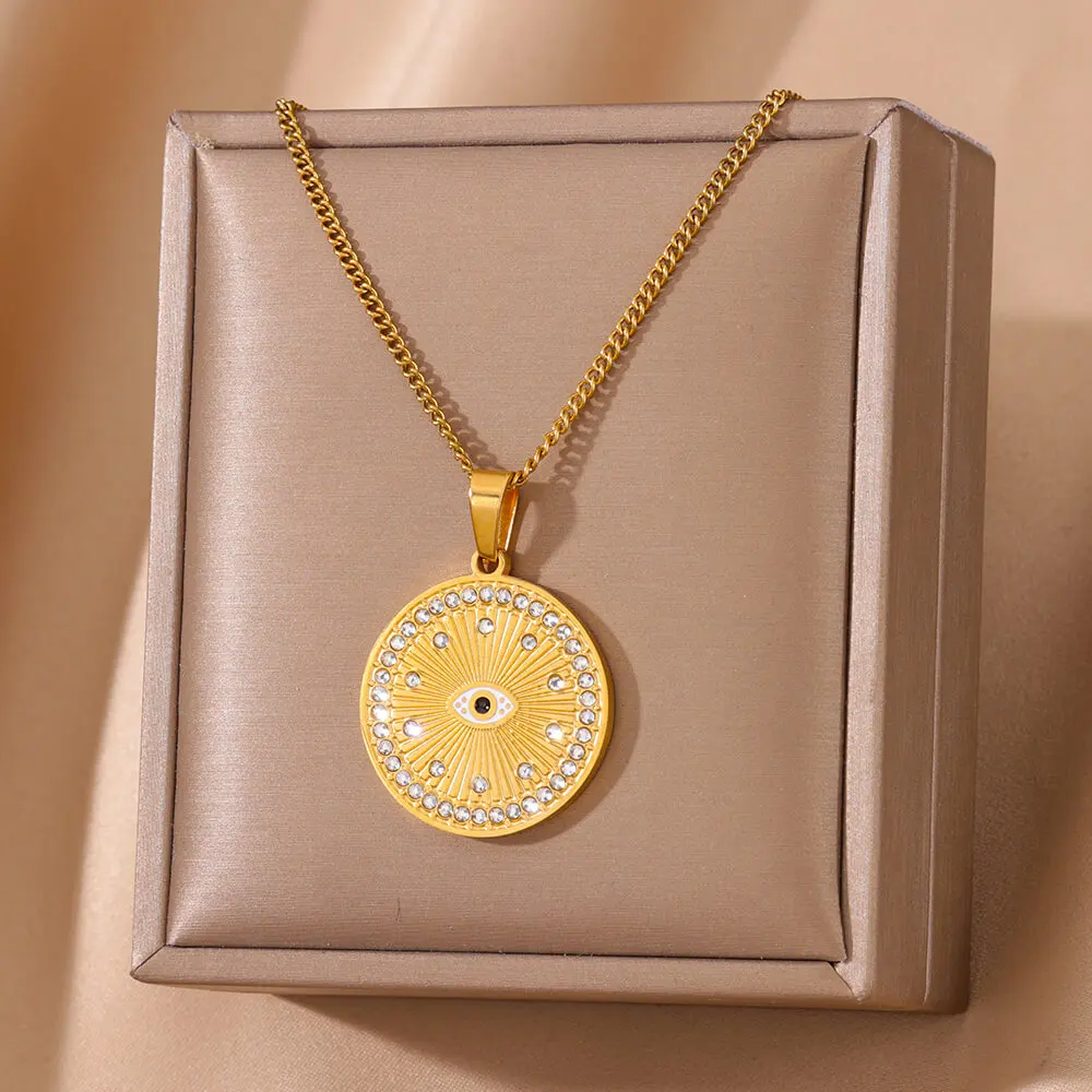 Zricon Round Evil Eye Necklaces For Women Gold Color Stainless Steel Geometric Pendant Choker Wedding Fashion Jewelry Gift BFF