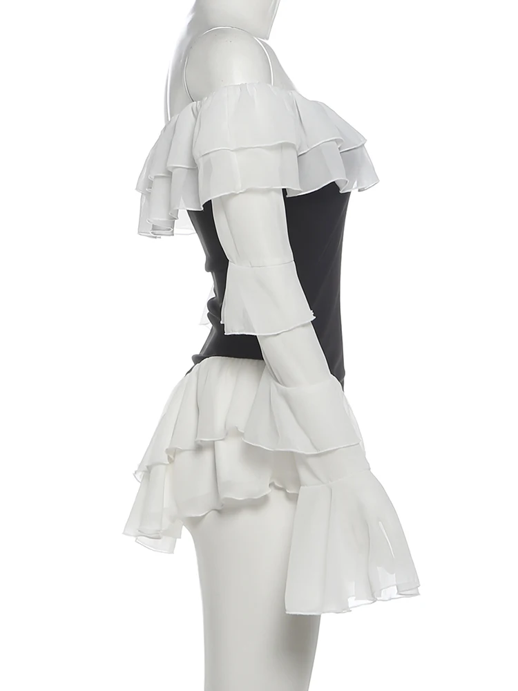 Weird Puss Elegantes, gestuftes Kleid für Damen, Herbstmode, Mesh-Patchwork, ausgeschnittener Ausschnitt, Glockenärmel, unregelmäßiger Saum, Party, sexy, figurbetont – Detail 4
