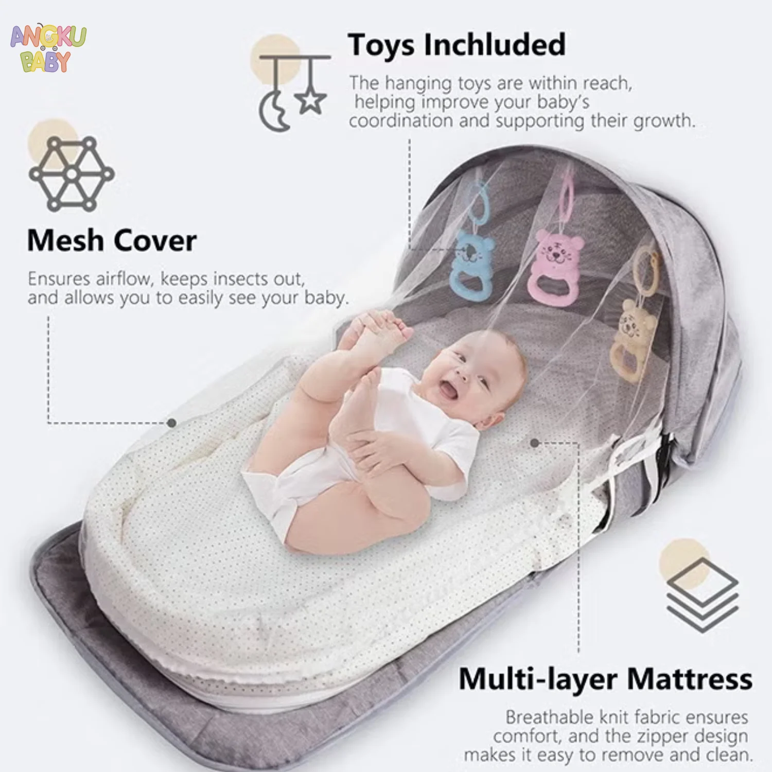 سرير أطفال محمول مع ناموسية حقيبة ظهر للسفر قابلة للطي روضة لحديثي الولادة 0-12 شهرًا سرير أطفال متعدد الوظائف مع ألعاب