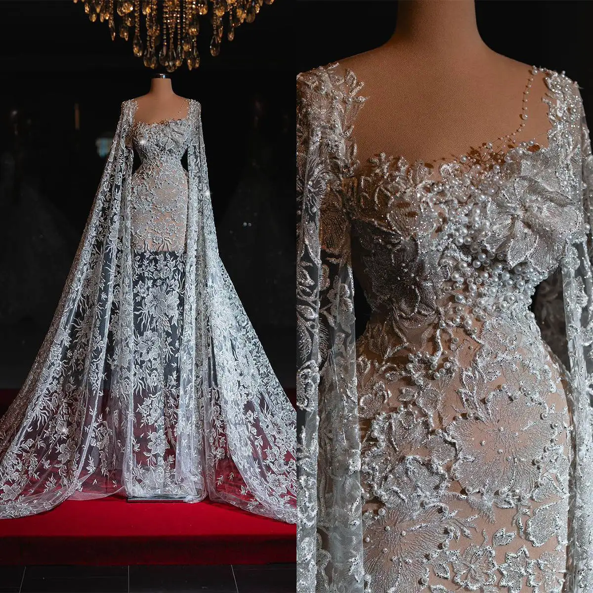 

Graceful Wedding Dress Mermaid Strapless Appliques Pearls Long Sleeve Floor-Length Bridal Gowns Vestido De Noiva Custom Made