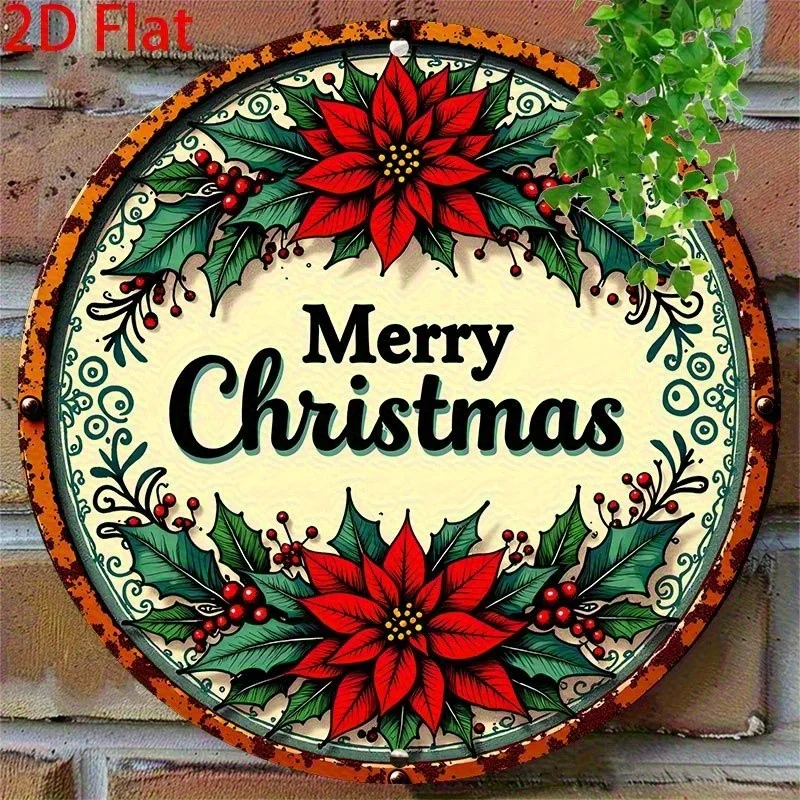 2D Flat 8-Inch Round Vintage Christmas Metal Wall Decor, for Home Use - Wall Art Sign with Berry Holly Pattern, Durable Holiday