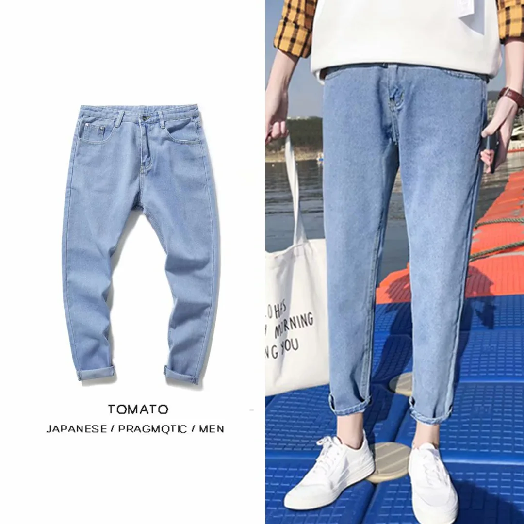 Men's Fashion Brand Loose Straight 9-point Jeans Korean Fashion Wash Solid Denim Trouser Mens Casual Slim Fit Pencil Pants