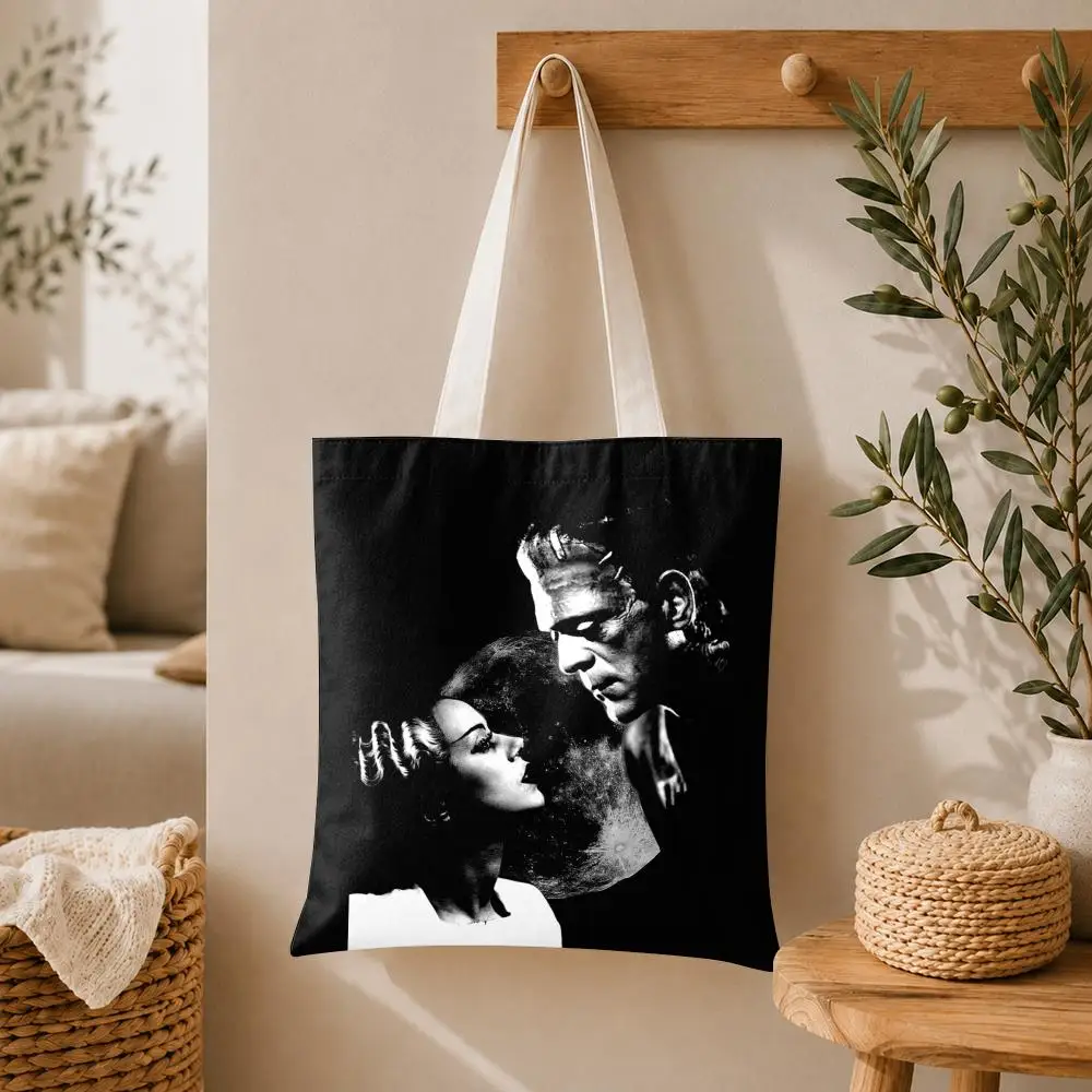 Move Bride of F-Frankenstein Storage Bags Large Capacity Canvas Tote Bag Double-Sided Print Shoulder Handbag for Daily Shopping