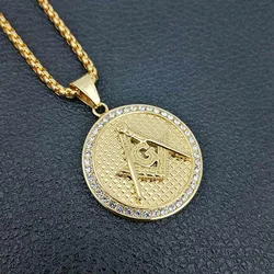 New hip hop gold color Masonic Necklace Freemason 316L stainless steel Freemasonry Sign Pendant Men CZ Accessories