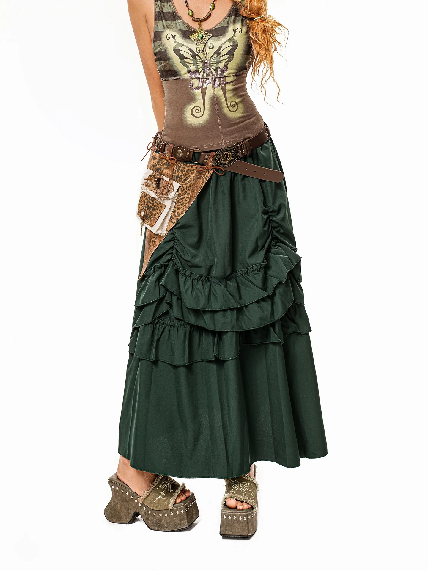 

Arielink Gypsy Style Half Skirt Women's Summer Medieval Court Hippie Sexy A-Line Skirt Pleated Non-Stretch Elastic Waist