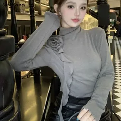 Turtleneck T Shirts Women Floral 3D Print Slim-fit Female Long Sleeve Tops Solid Color Skinny Tees Skin-friendly All-match Soft