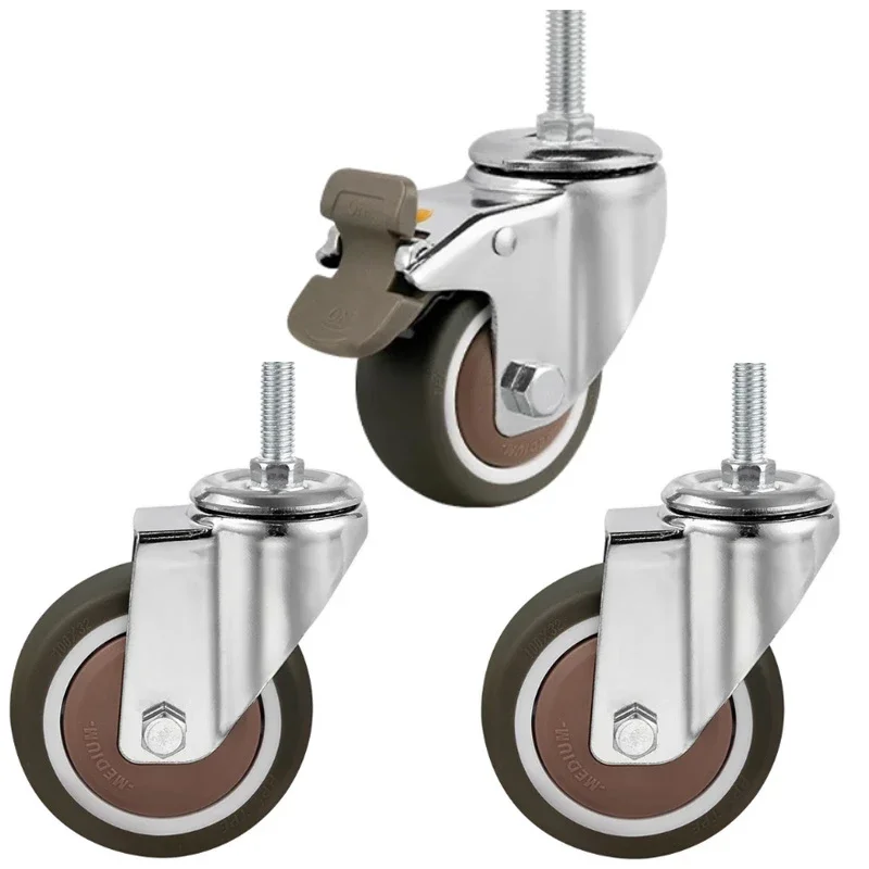 4PCS M12 Threaded Casters - 3inch (75mm) Silent Rubber Wheels with Brake, Medium Duty