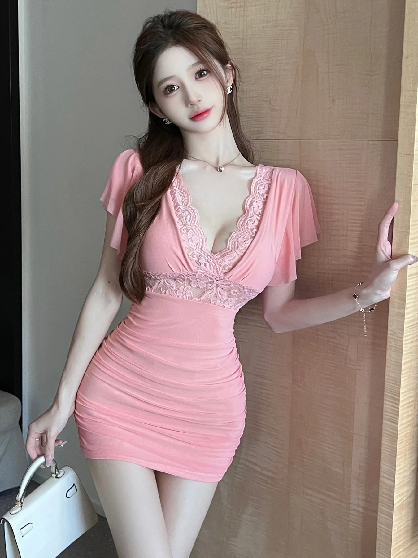 

Sexy Sweet Lady V-Ne ort Sve Lace Splicing Net Gown Waist Cinched Bodycon Dr for Nightclub Bar Par Young Women