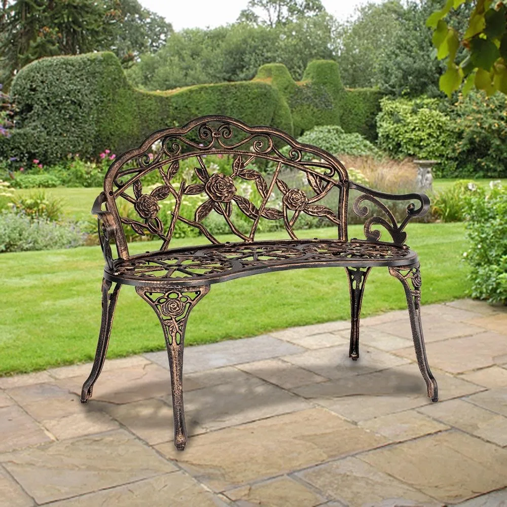 

Patio Garden Bench Chair Porch Park Cast Aluminum Outdoor Rose Antique US SHIP