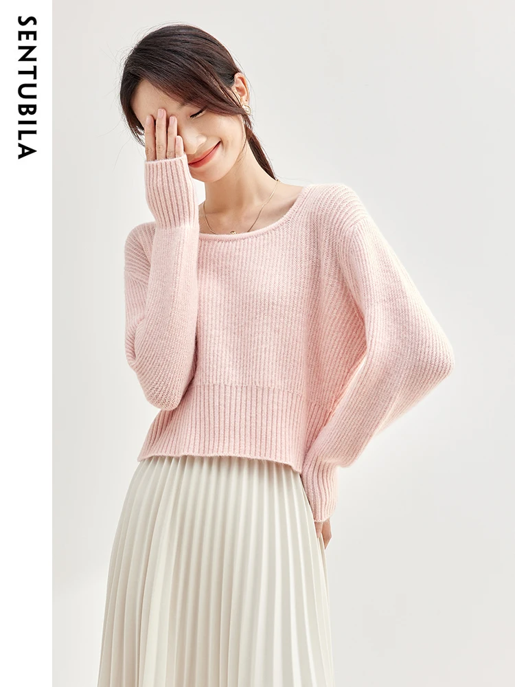 

SENTUBILA Light Pink Square Collar Short Pullover Knitted Sweater 2024 Spring High Strecth Soft Female Knitwear Jumper W33E51091