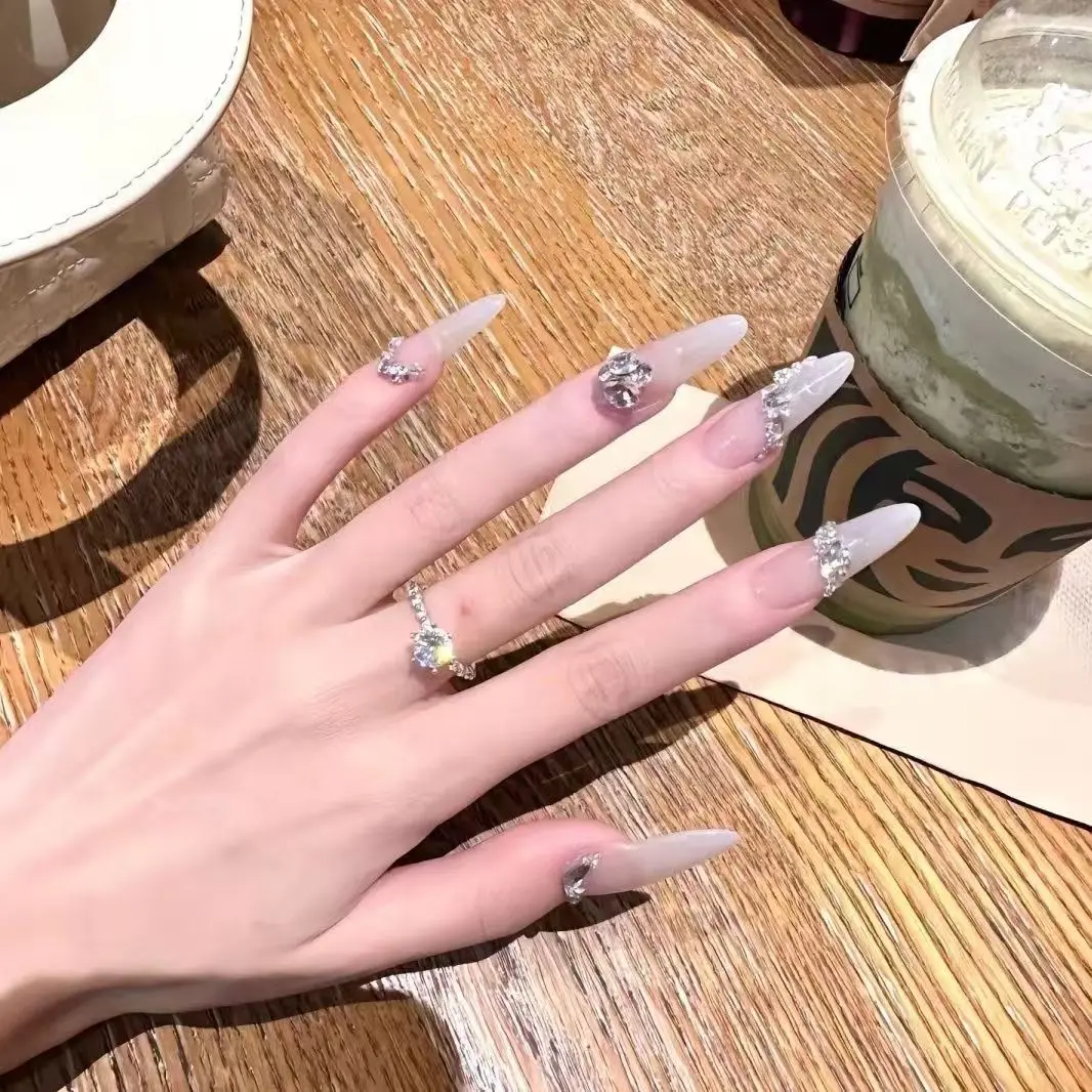 Pure Handmade Wear Daughter Gold Nude Flash Milky White White Patch Temperament Light Luxury Nails Fake Nails