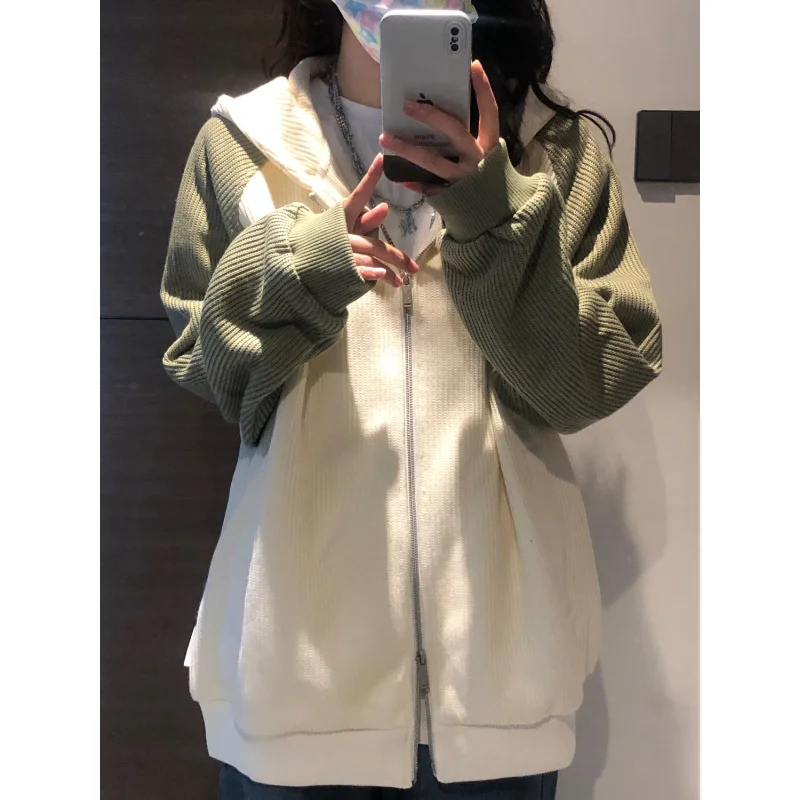 2023 new national tide niche color contrast cardigan loose pull coat female spring autumn embroidery stitching commuter hoodie