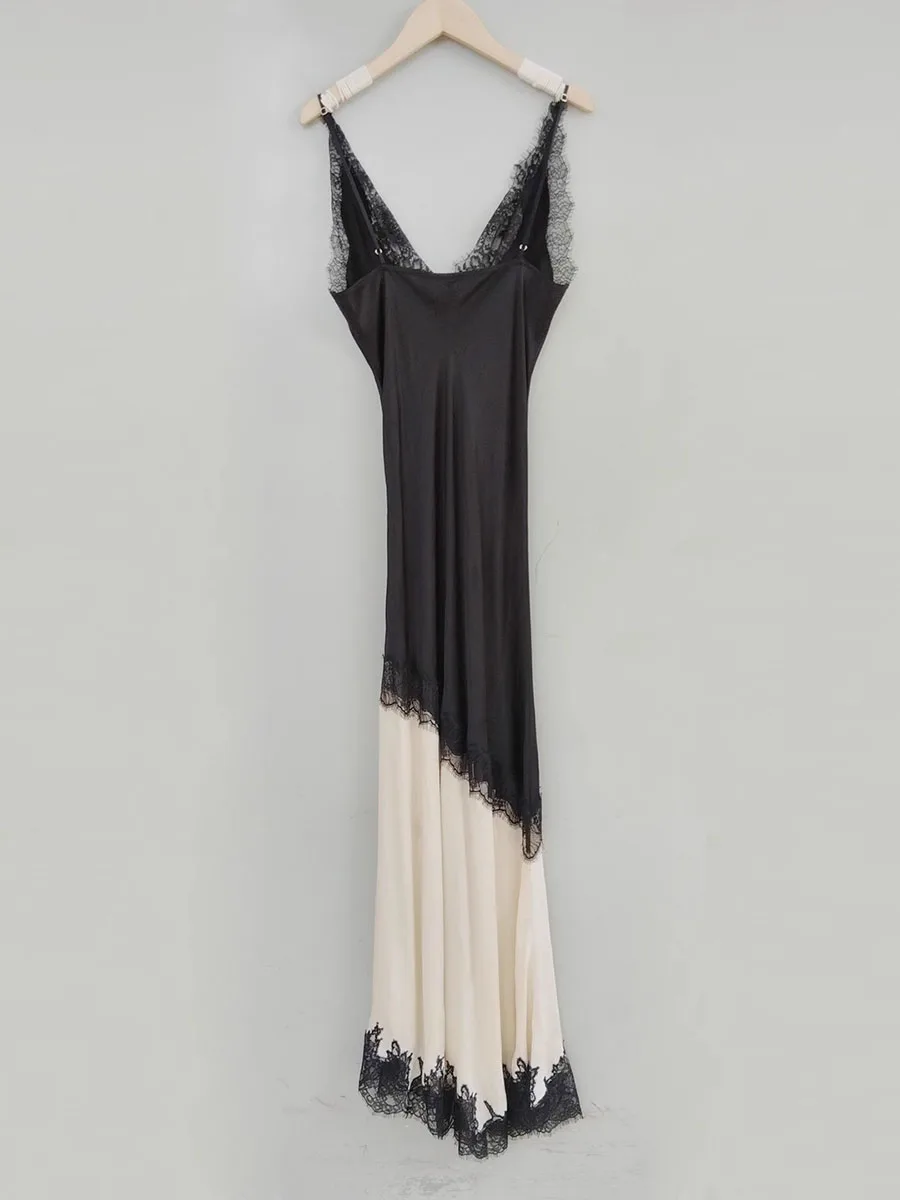 GALCAUR Abiti sexy in pizzo trasparente con giunture di colore di successo per le donne Abito elegante diviso senza maniche con scollo a V Stile di abbigliamento di moda femminile