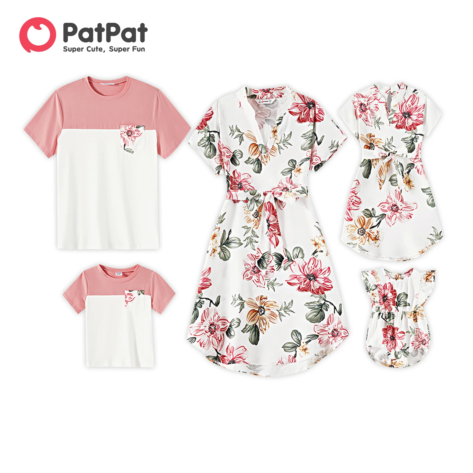 

PatPat Family Matching Outfits Allover Floral Print Notched Neck Belted Dresses and Short-sleeve Colorblock T-shirts Sets