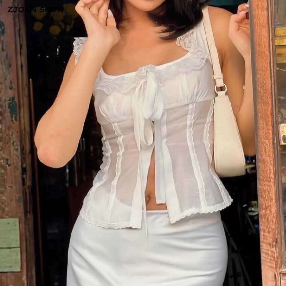 

Праздничный костяной бант с U-образным воротником цвета слоновой кости, кружевные деревянные уши, ремешок, майка, женская летняя футболка без рукавов с тонкой талией и разрезом спереди, укороченный топ